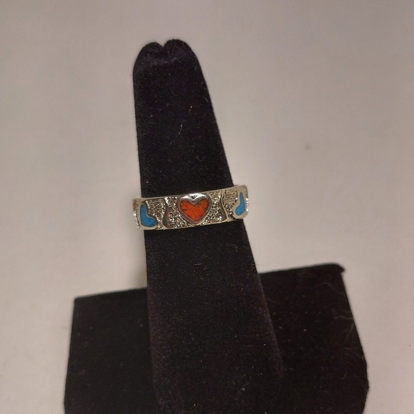 Vintage Silver Ring Crushed Turquoise & Coral Hearts Ring Size 7 Signed - Picture 1 of 11